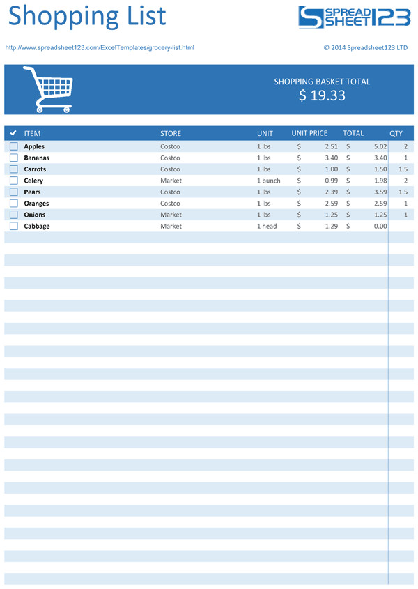 Grocery List Template Excel Printable Grocery List and Shopping List Templates for Excel
