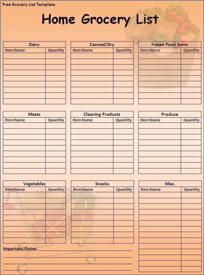 Grocery List Template Free List Templates
