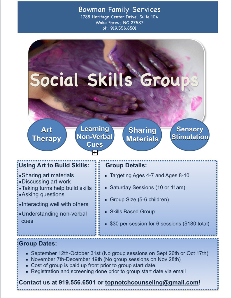 Group therapy Flyers social Skills Workshops &amp; Groups Wake forest Counselors
