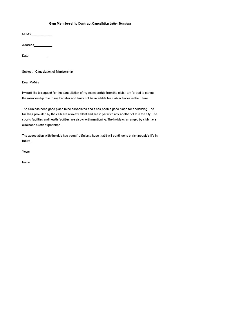 Gym Membership Cancellation Letter Gym Membership Contract Cancellation Letter Download