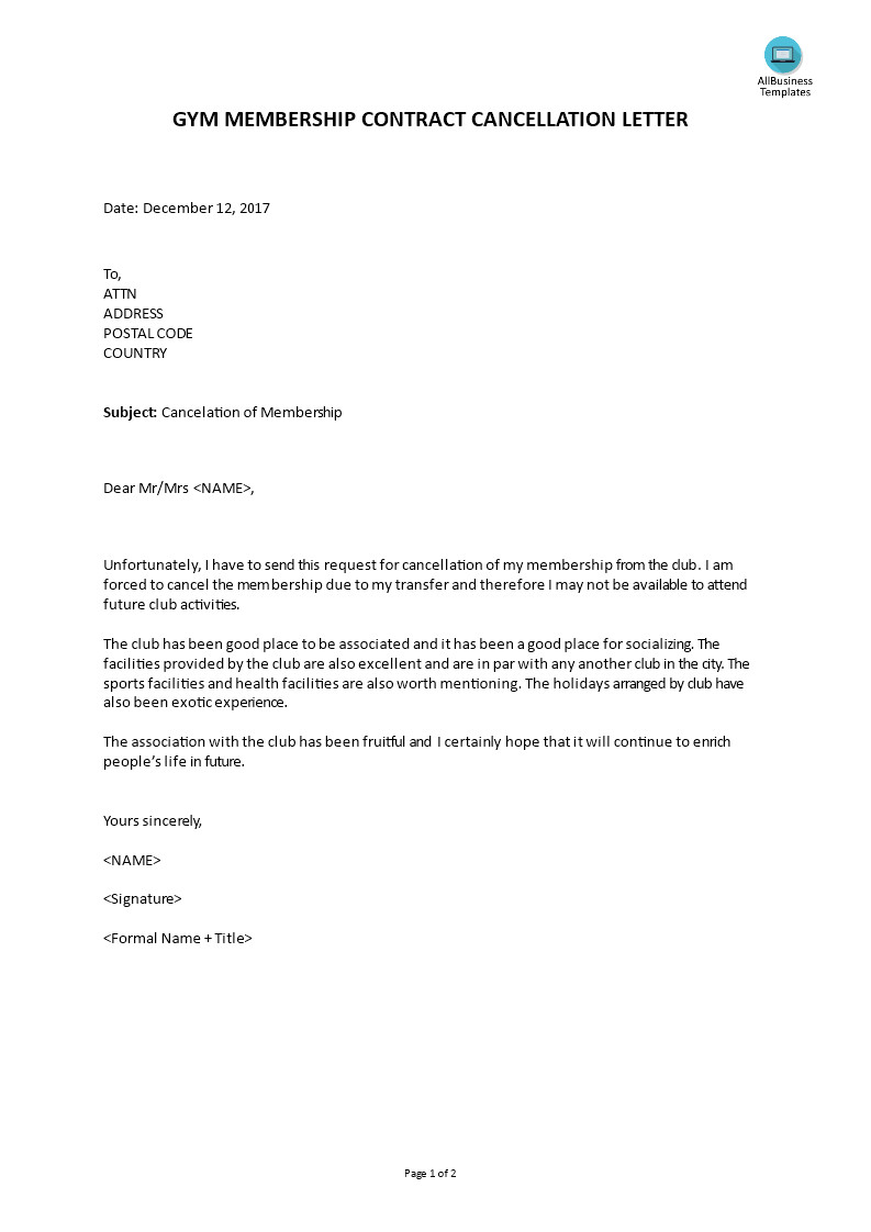Gym Membership Cancellation Letter Gym Membership Contract Cancellation Letter