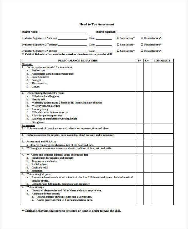 Head to toe assessment Template 34 Sample assessment forms In Pdf