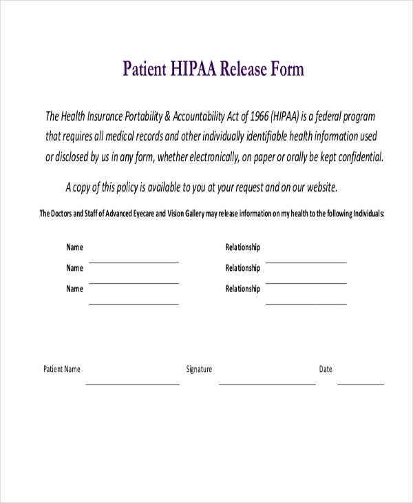 Hipaa Compliance forms for Employees Sample Hipaa Release form 10 Free Documents In Pdf