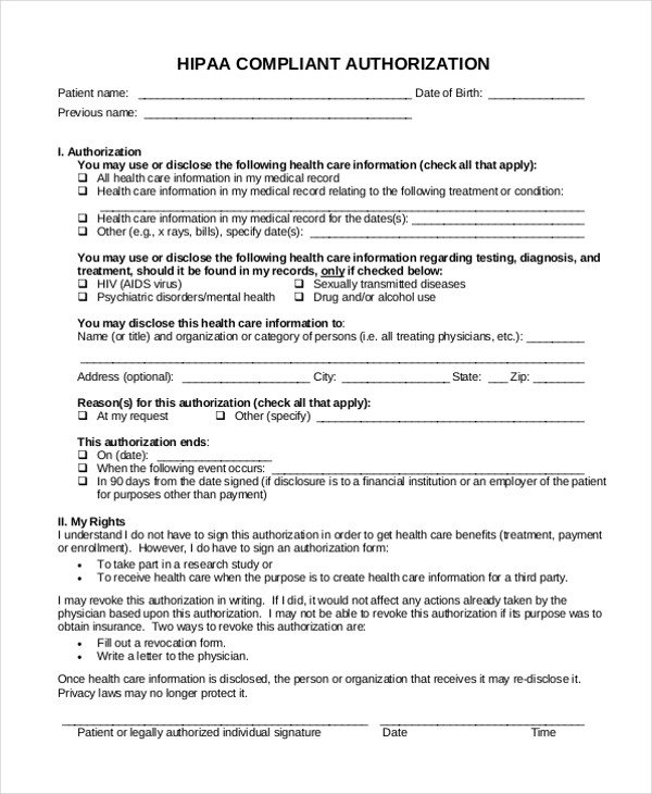 Hipaa Compliance forms for Employers Sample Hipaa Authorization form 9 Free Documents In Doc