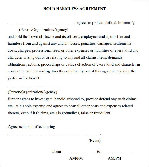 Hold Harmless Agreement Template Sample Hold Harmless Agreement 10 Documents In Pdf Word