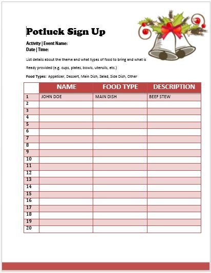 Holiday Potluck Signup Sheet Pot Luck Sign Up Sheet Template