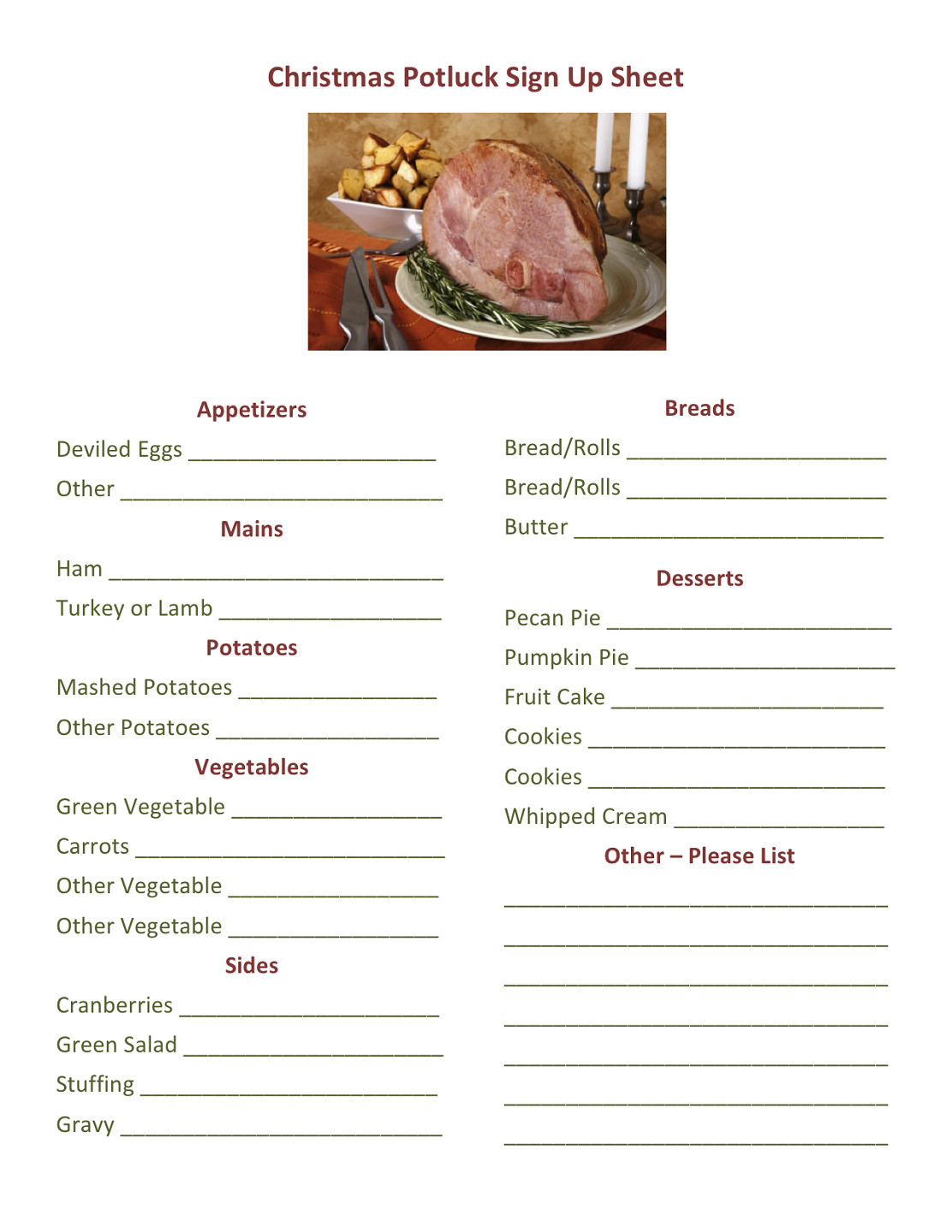 Holiday Potluck Signup Sheet Potluck Dinner Sign Up Sheet Printable