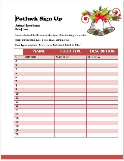 Holiday Potluck Signup Sheet Potluck Sign Up Sheet