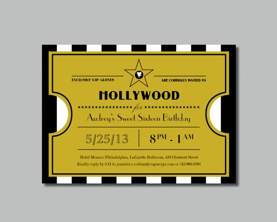 Hollywood themed Invitations Free Templates Printable Hollywood Sweet Sixteen Ticket Invitation