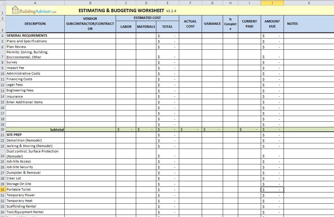Home Construction Budget Spreadsheet Free Construction Estimating Spreadsheet for Building and