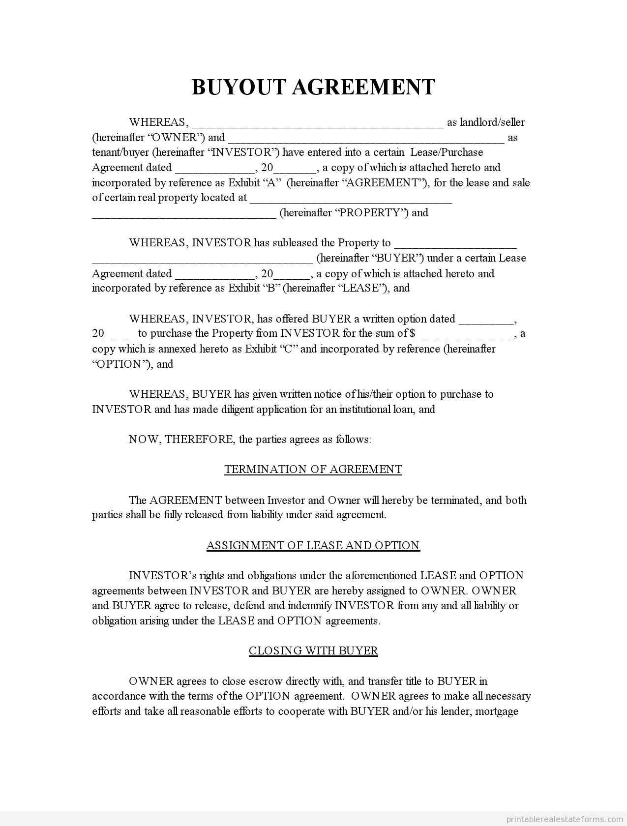 Home Equity Loan Agreement Template Free Printable Buyout Agreement form Pdf &amp; Word