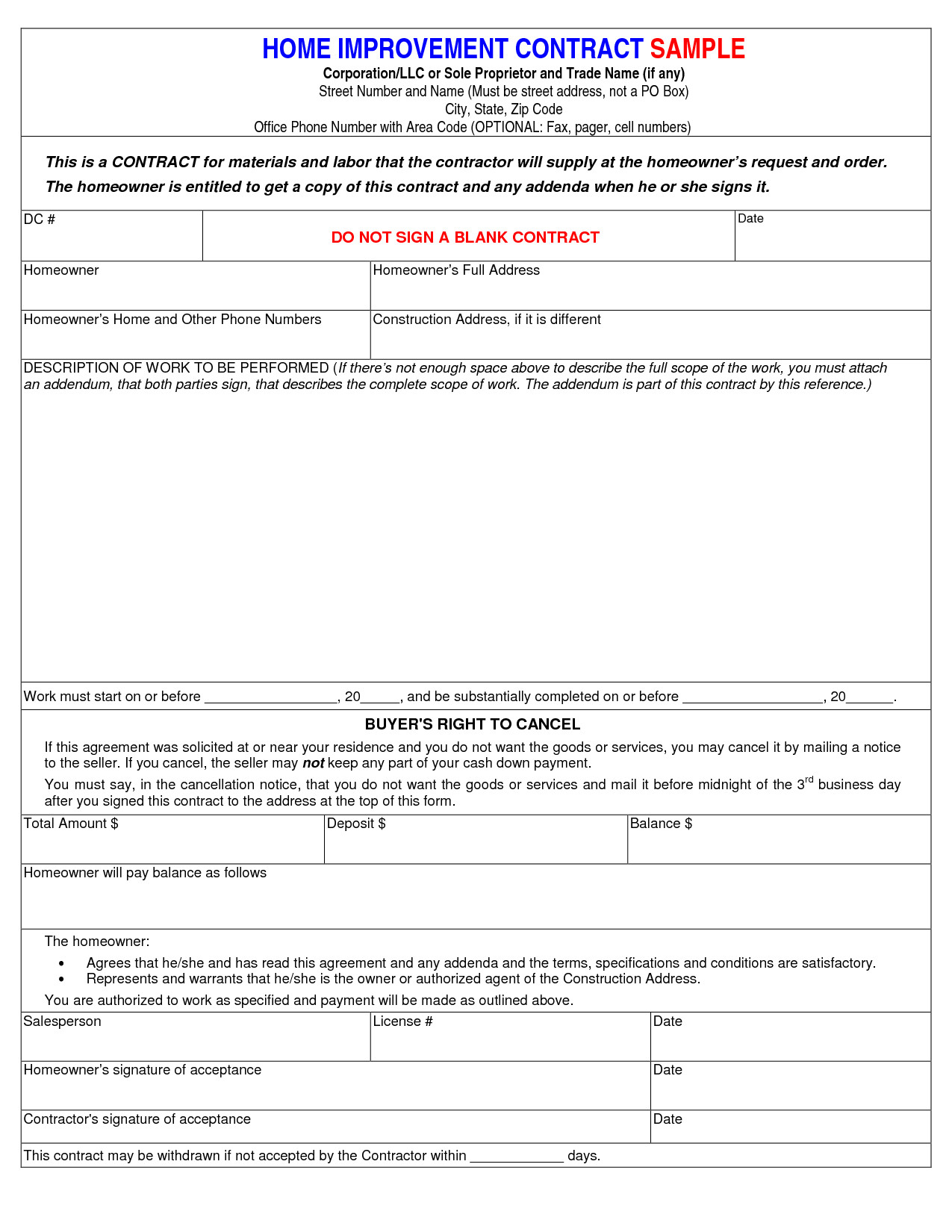 Home Improvement Contract Template Home Improvement Contract Free Printable Documents