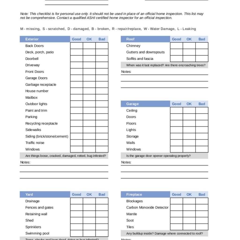 Home Inspection Checklist Excel Printable Home Inspection Checklist