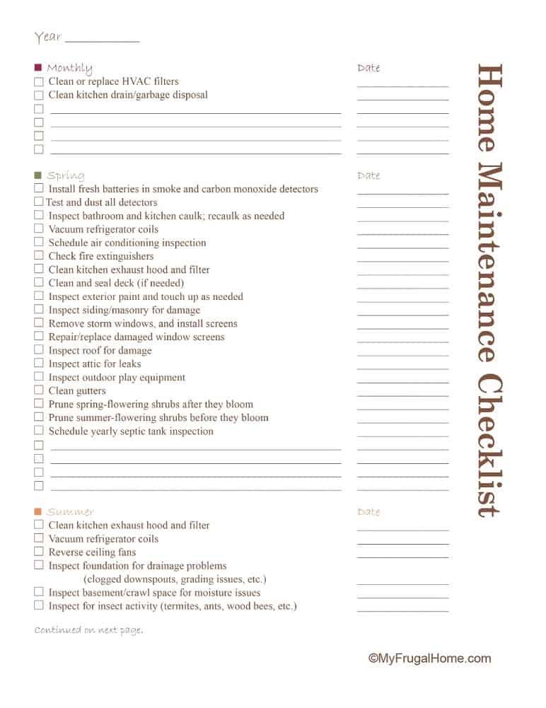 Home Maintenance Checklist Printable Printable Home Maintenance Checklist