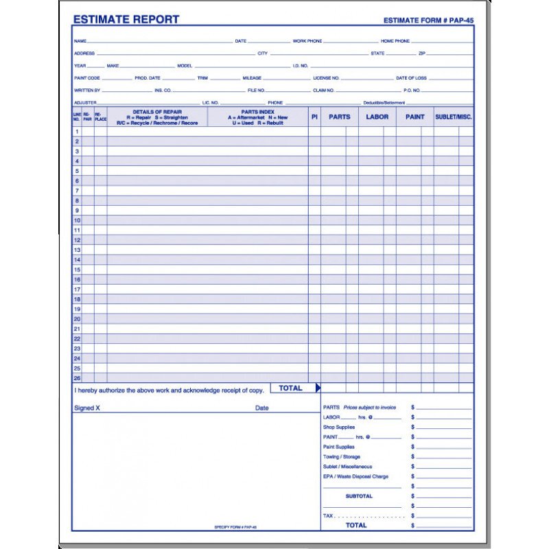 Home Repair Estimate Template Repair Estimate forms