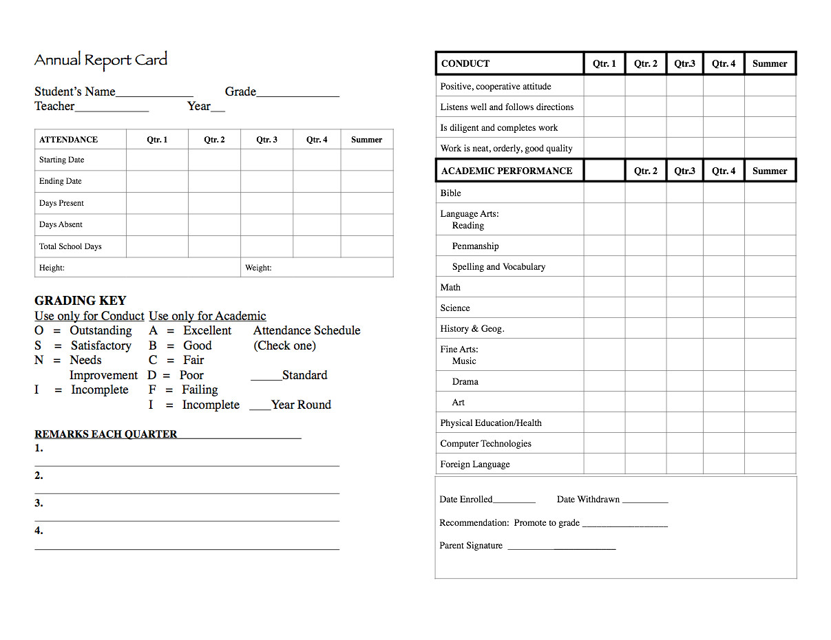 Homeschool Report Card Template Free Elementary Report Card