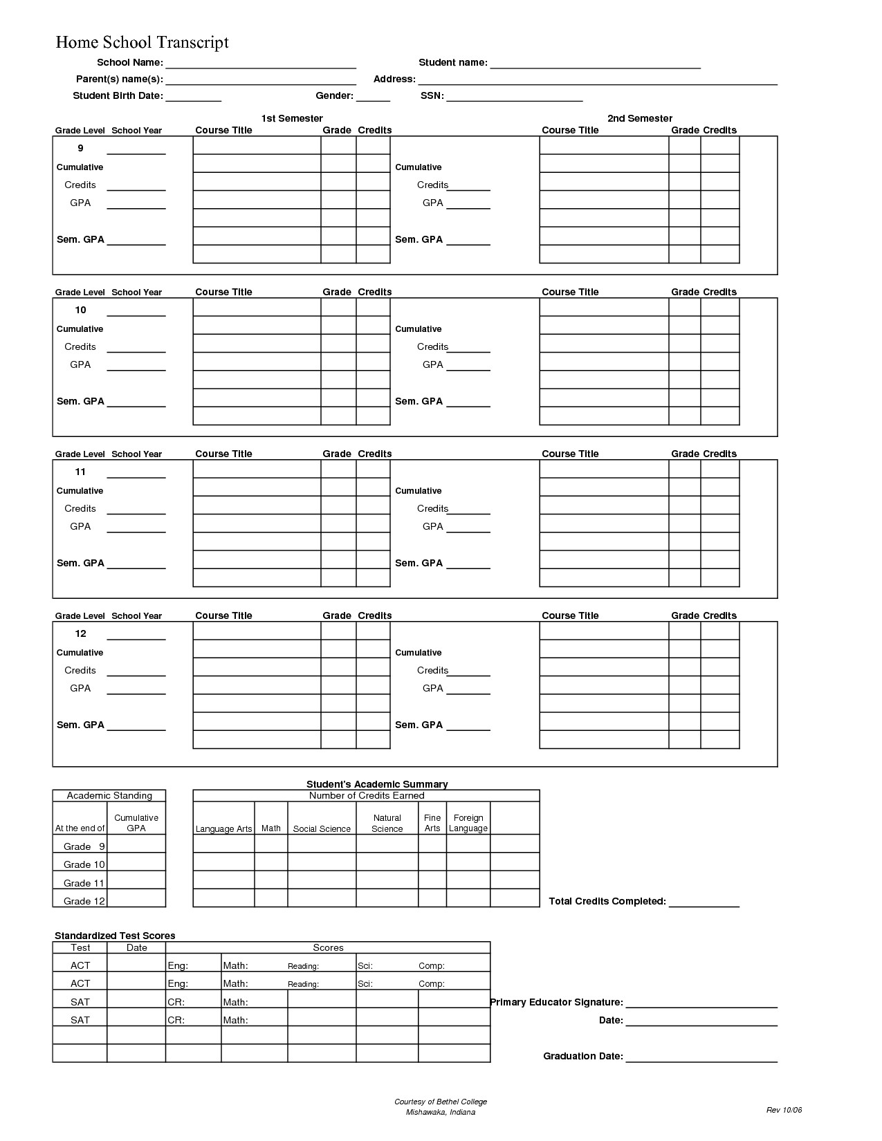 Homeschool Report Card Template Word Blank High School Transcript forms