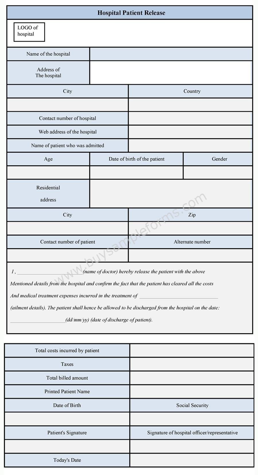 Hospital Release form Template Hospital Patient Release form Sample forms