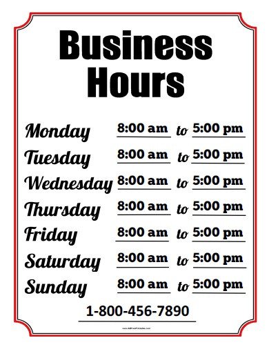 Hours Of Operation Template Business Hours Sign Free Printable Allfreeprintable