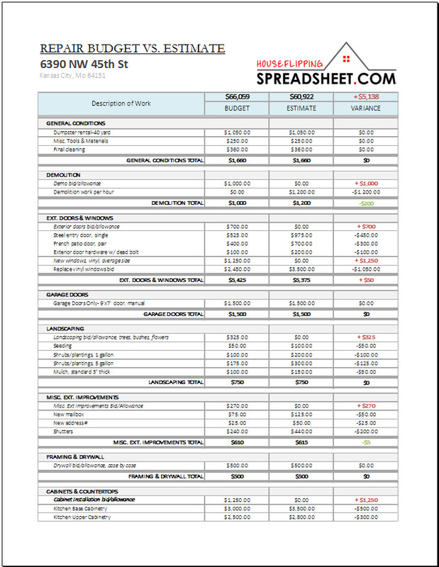 House Flipping Budget Spreadsheet Template Repair Cost Bud Er House Flipping Spreadsheet