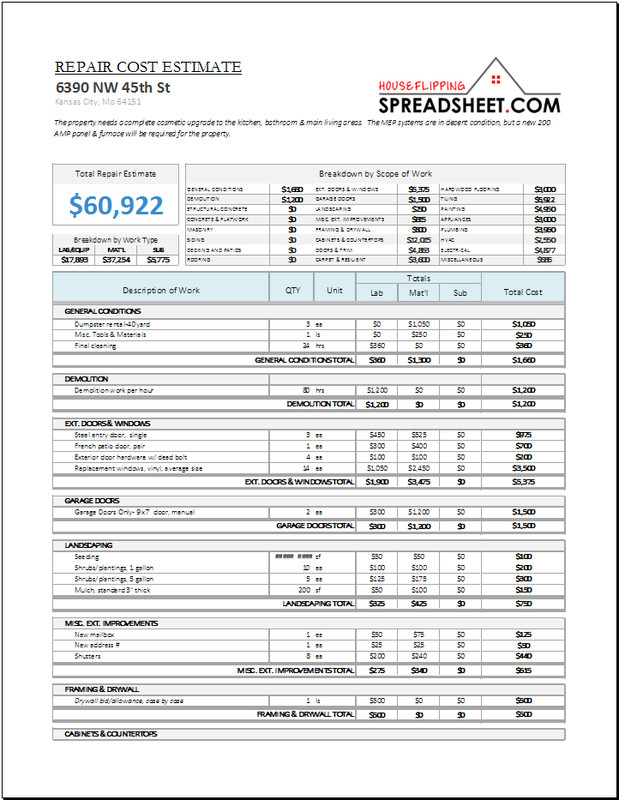 House Flipping Budget Spreadsheet Template Repair Cost Calculator House Flipping Spreadsheet