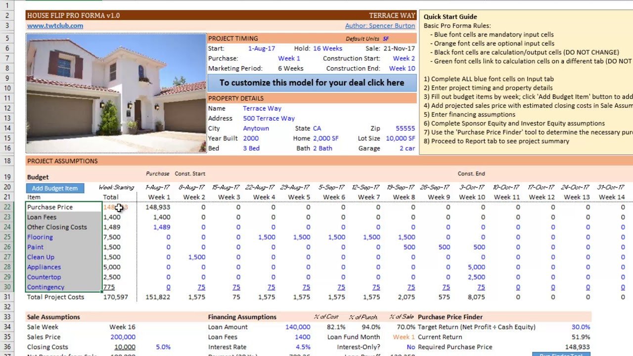 House Flipping Excel Template Excel Pro forma for Flipping Houses