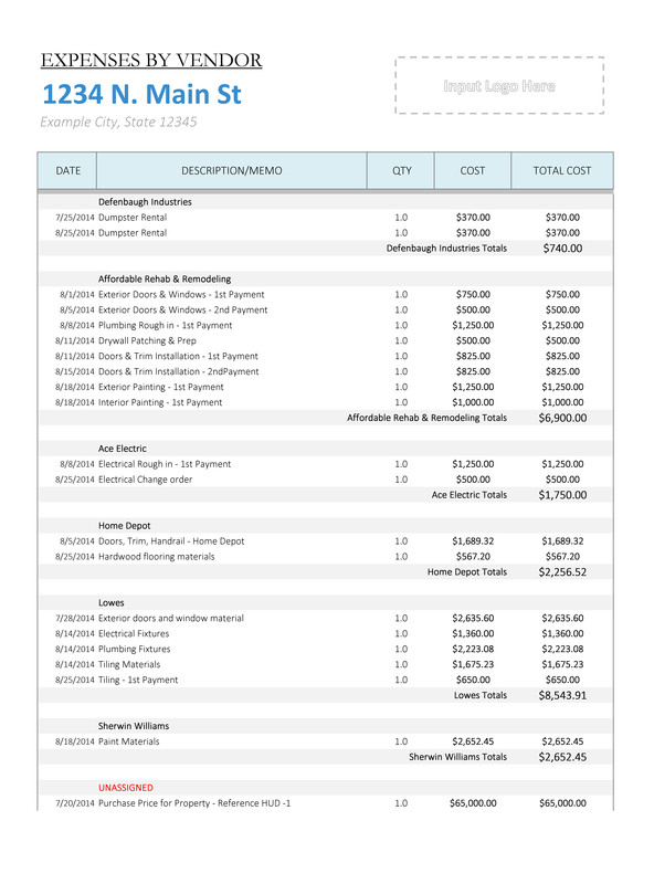 House Flipping Excel Template Expenses by Vendor Report House Flipping Spreadsheet