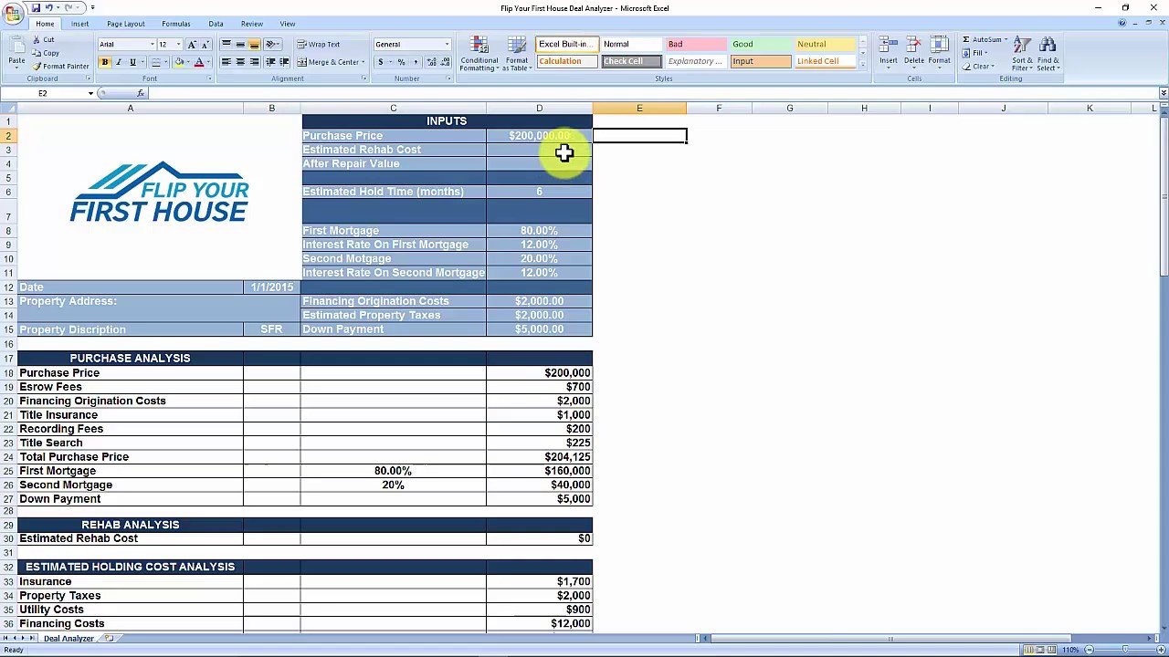 House Flipping Excel Template House Flipping Spreadsheet Free Download