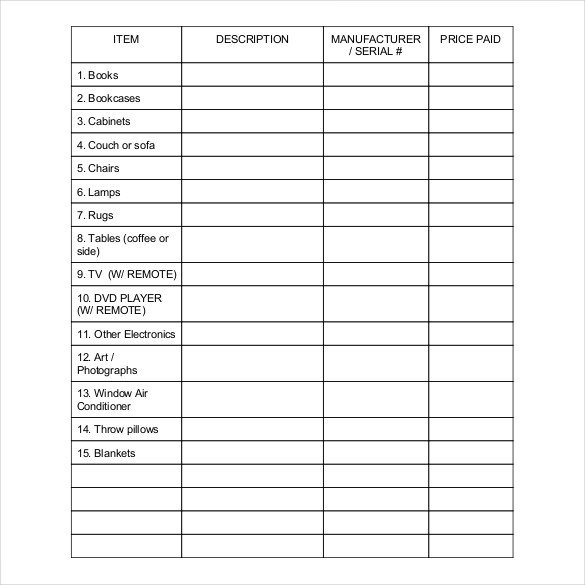 Household Inventory List Template 12 Home Inventory Templates – Free Sample Example