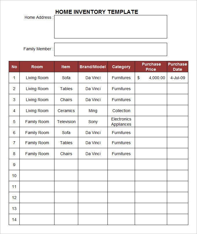Household Inventory List Template Home Inventory Template 15 Free Excel Pdf Documents