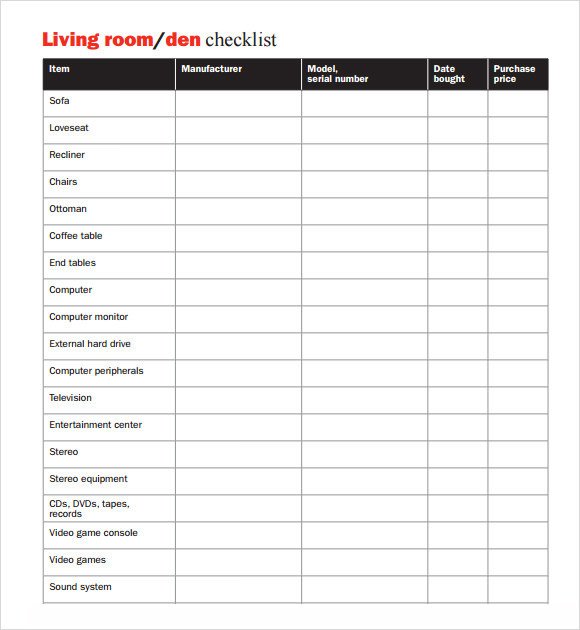 Household Inventory List Template Sample Home Inventory Template Free Documents Download