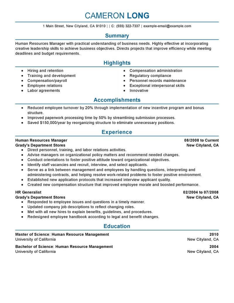 Human Resources Resume Template Best Human Resources Manager Resume Example