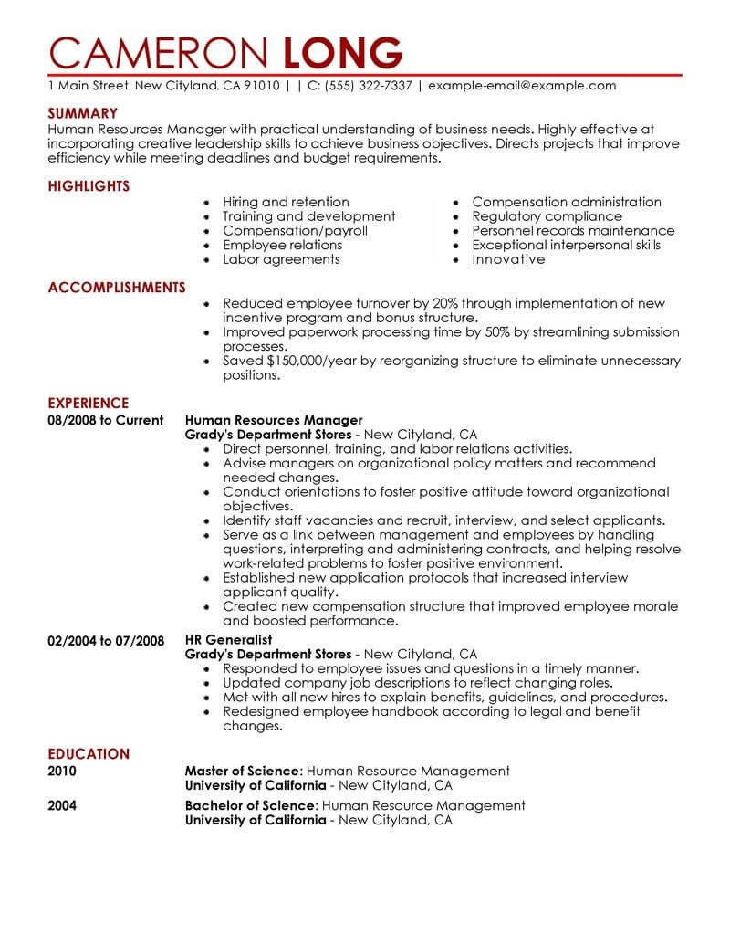 Human Resources Resume Template Best Human Resources Manager Resume Example