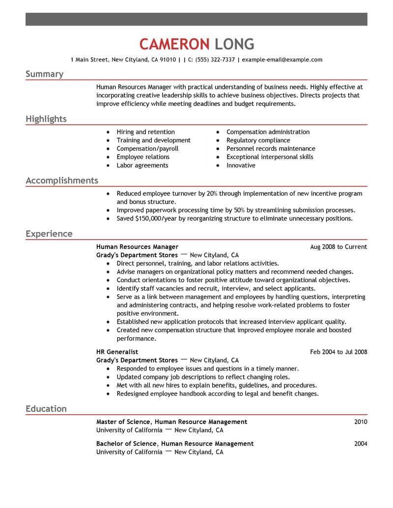 Human Resources Resume Template Best Human Resources Manager Resume Example