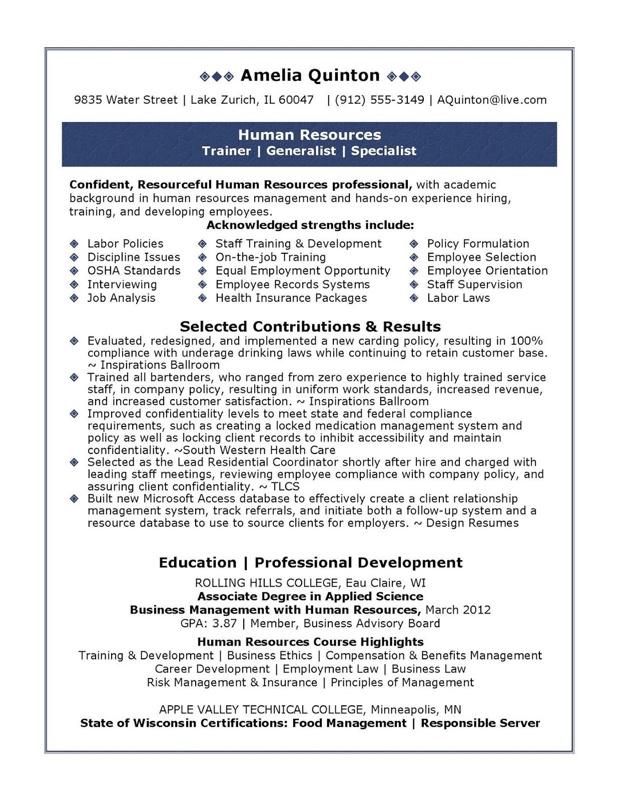 Human Resources Resume Template Sample Human Resources Resume