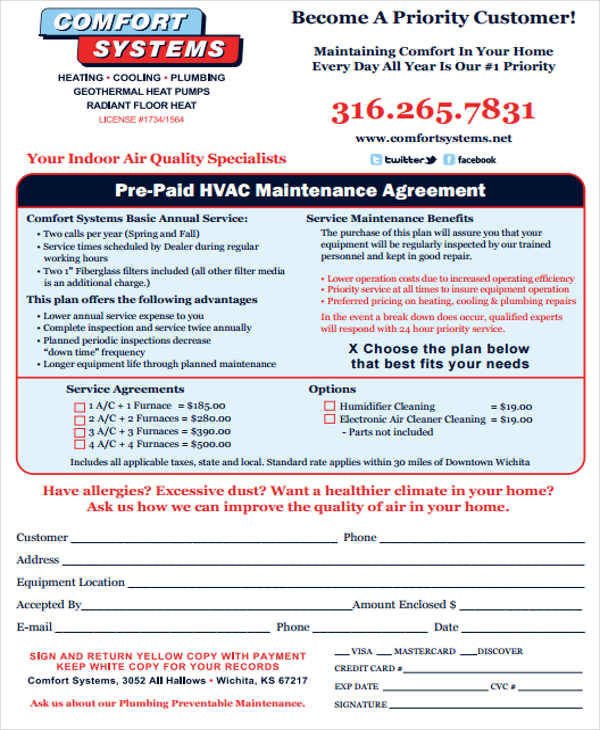 Hvac Maintenance Contract Template 11 Maintenance Agreement Examples In Word Pdf