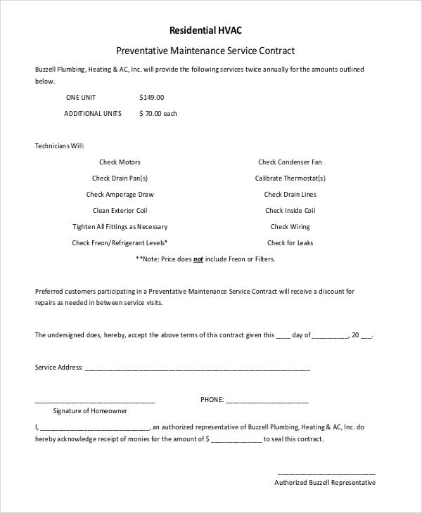 Hvac Maintenance Contract Template Sample Residential Service Contract 5 Documents In Pdf