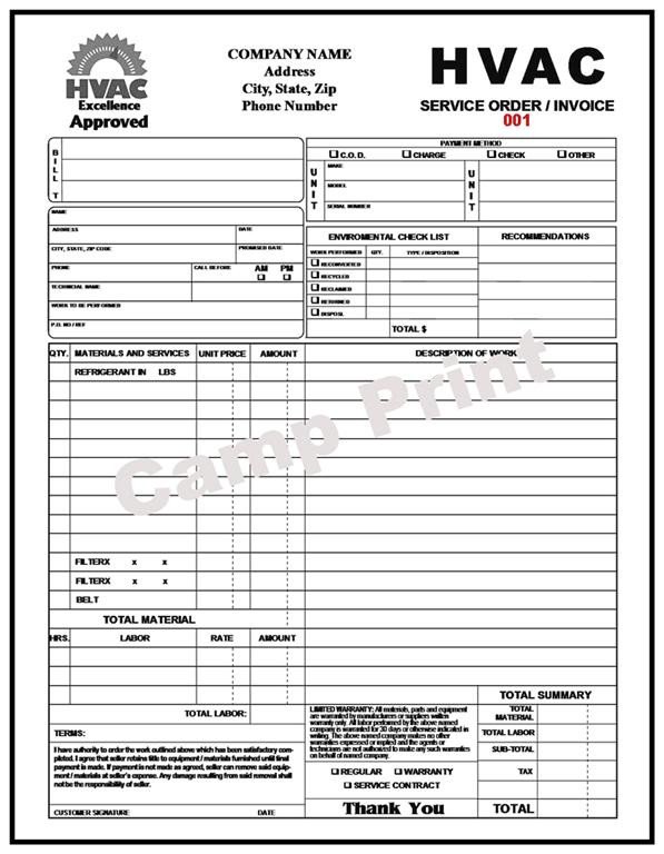 Hvac Work order Template Hvac Service order Invoice 2 Part Carbonless