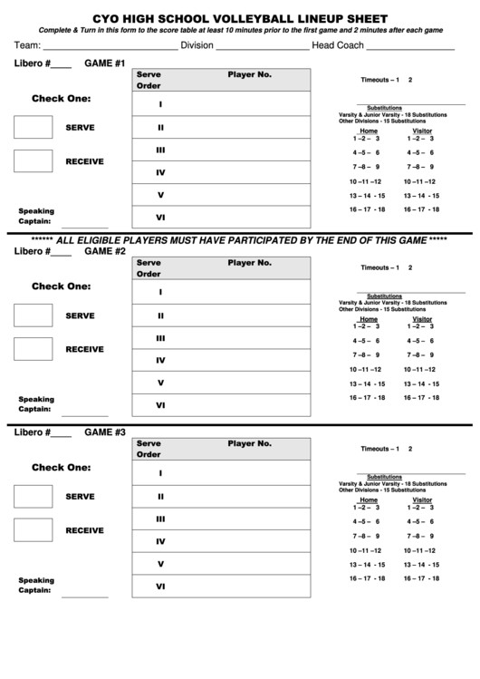 Ihsa Volleyball Lineup Sheet Cyo High School Volleyball Lineup Sheet Printable Pdf