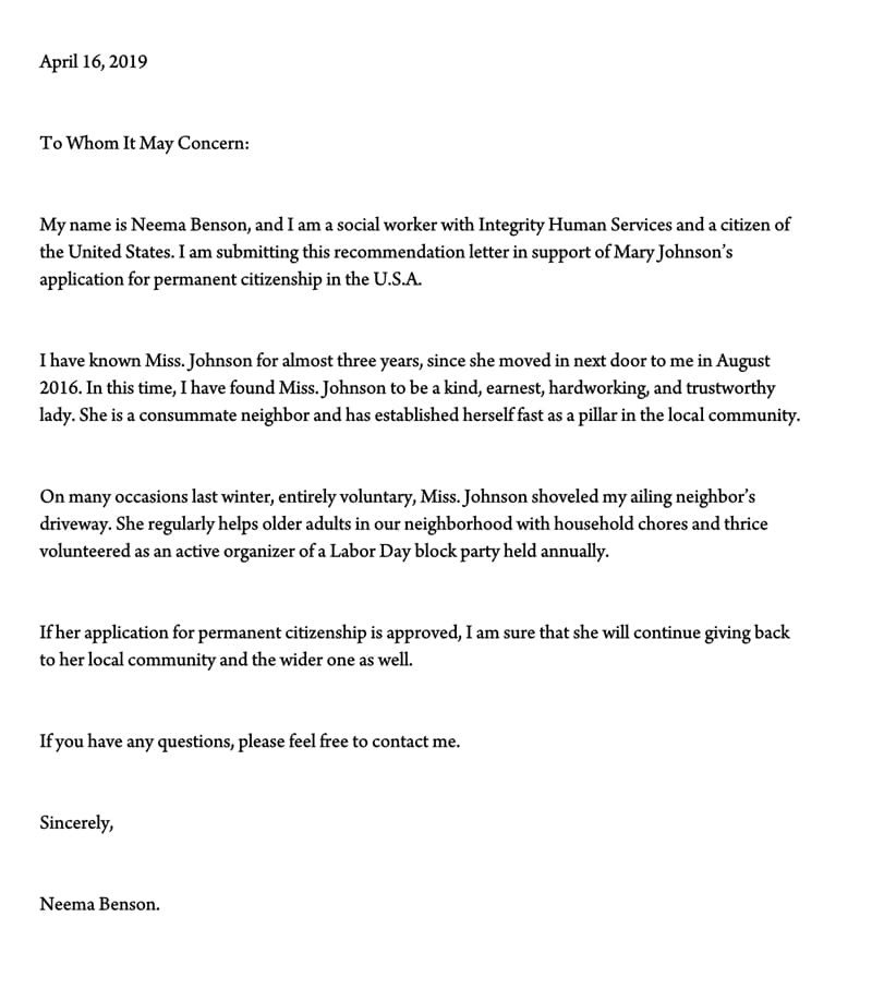 Immigration Letter Of Support Letter Of Support for Immigration 10 Sample Reference