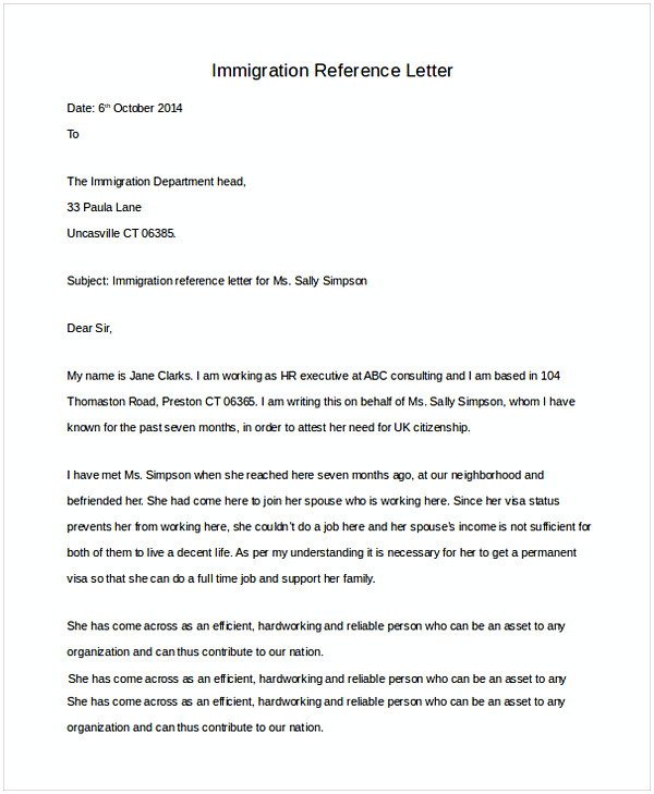 Immigration Recommendation Letter Sample Sample Letter Of Re Mendation for Immigration Residency