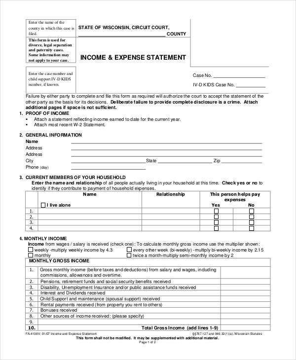 Income and Expense form 10 In E Statement form Sample Free Sample Example