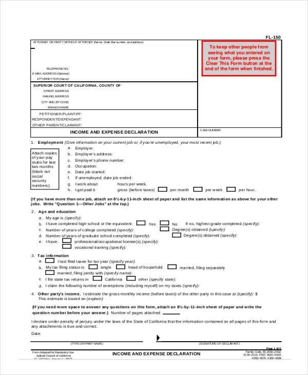 Income and Expense form 9 In E and Expense form Sample Free Sample Example