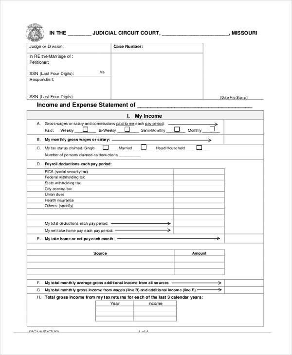 Income and Expense form 9 In E and Expense form Sample Free Sample Example