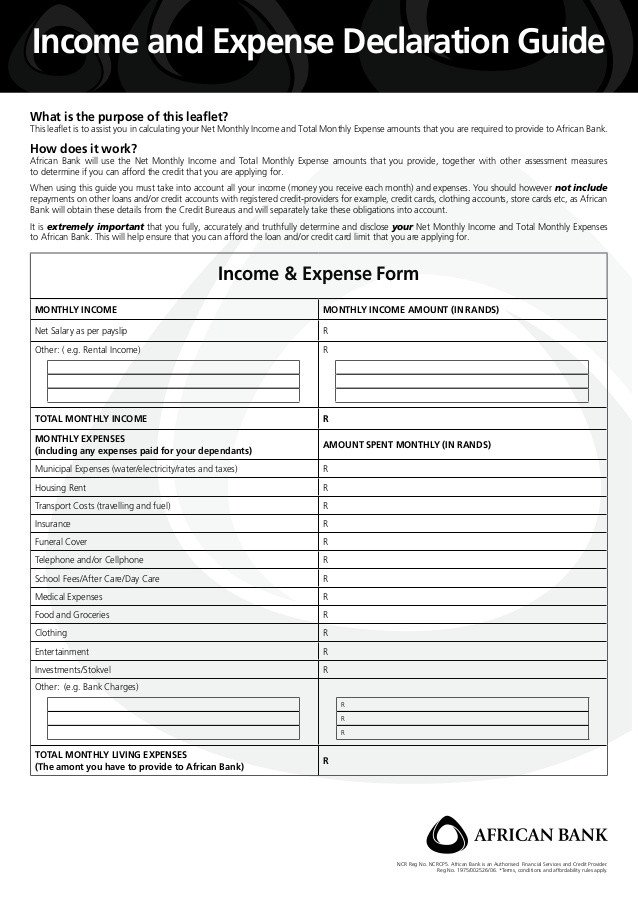 Income and Expense form African Bank In E and Expense form