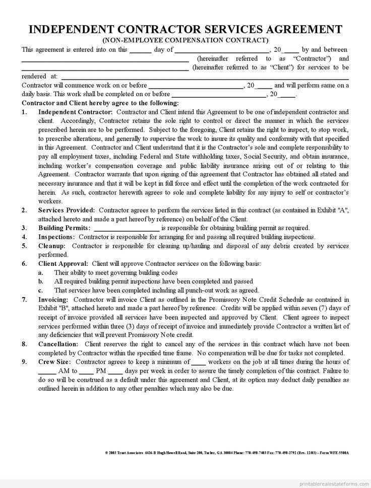 Independent Contractor Contract Template Free Printable Independent Contractor Agreement form