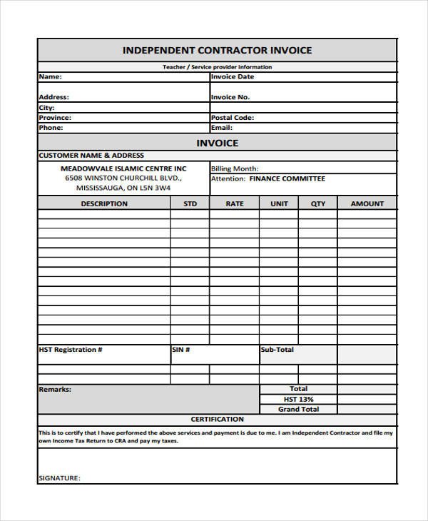 Independent Contractor Invoice Template Contractor Invoice Template 10 Free Word Pdf format