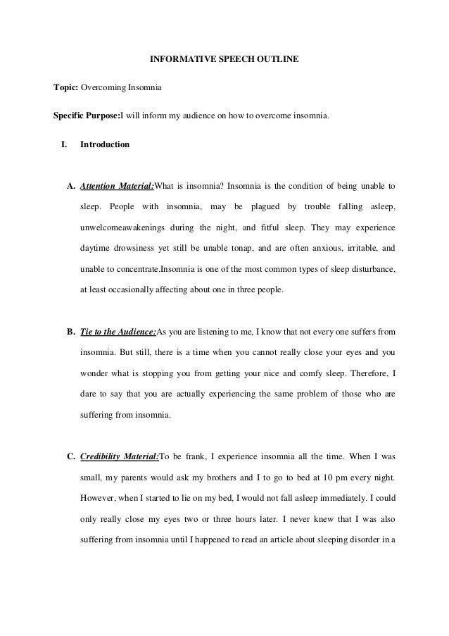Informative Speech Outline Examples Informative Speech Outline Over E Insomnia