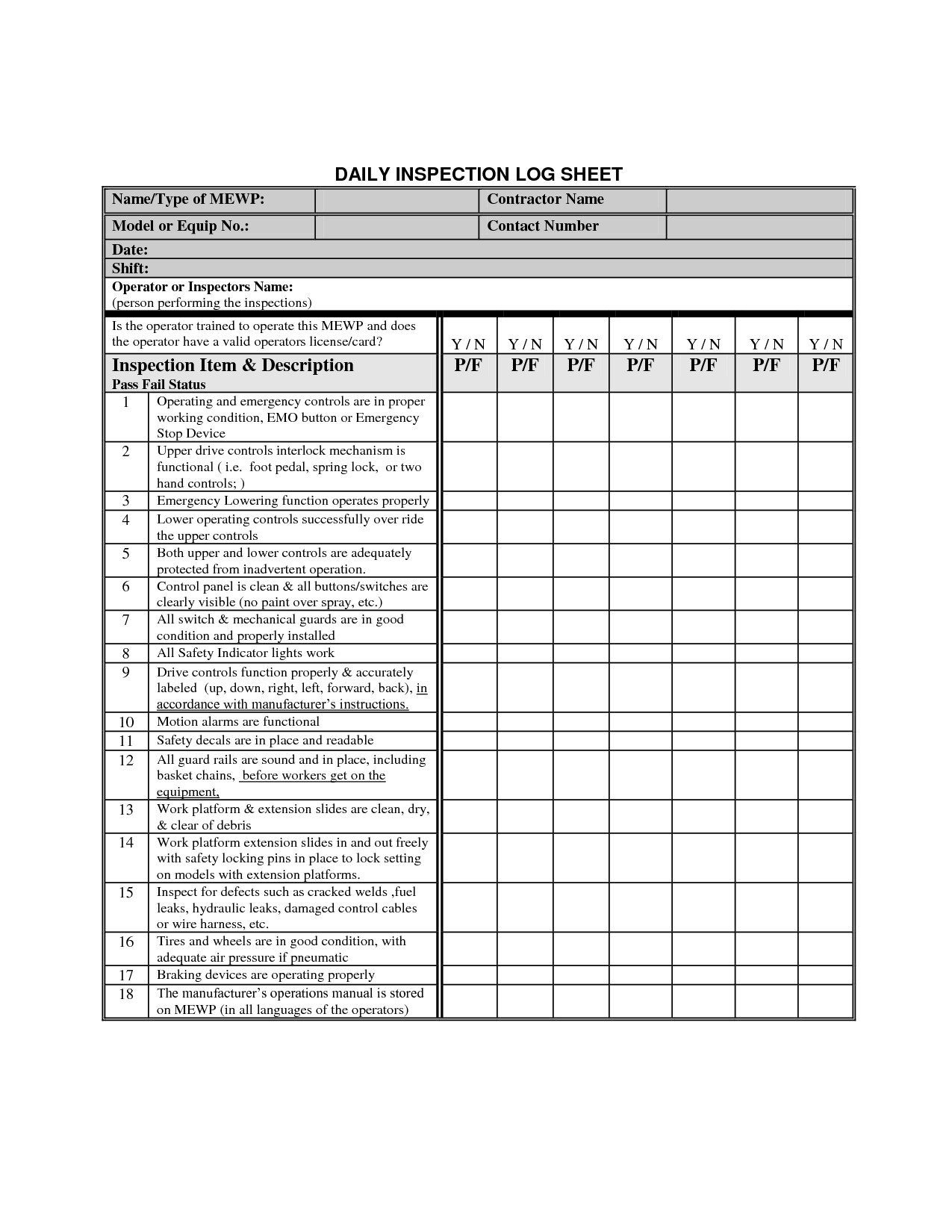 Inspection Log Sheet 28 Of Vehicle Inspection Log Template