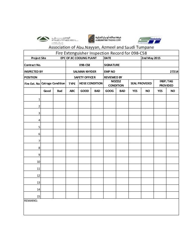 Inspection Log Sheet Fire Extinguisher Monthly Checklist Report